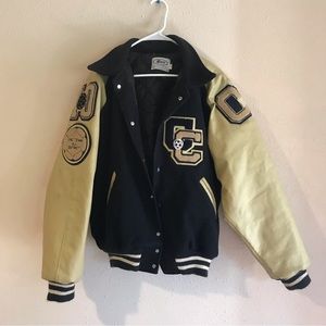 Y2K Letterman Varsity Jacket - High School Soccer Navy & Cream Leather and Wool